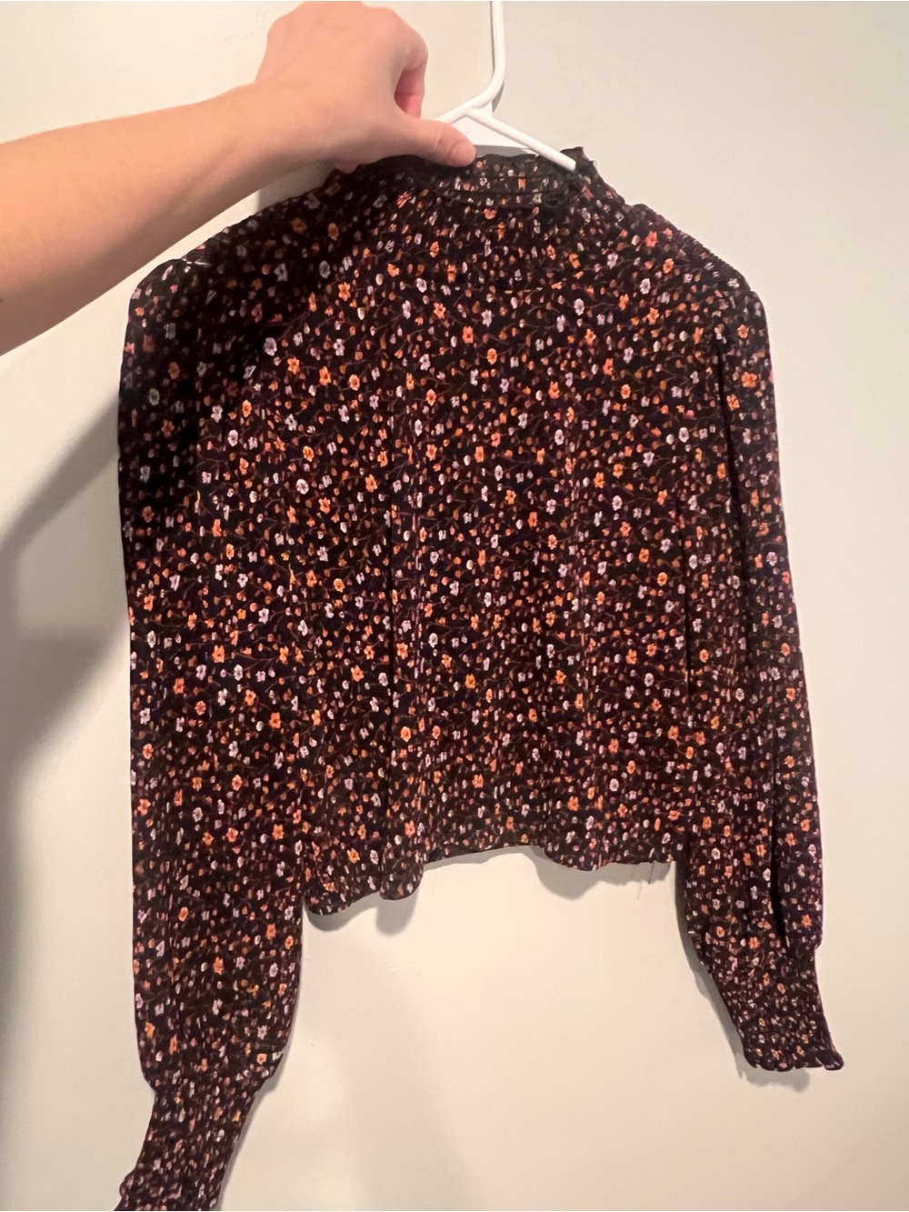 Forever 21 Cropped Black Floral Smocked Neck Blouse with Orange & Pink Accents